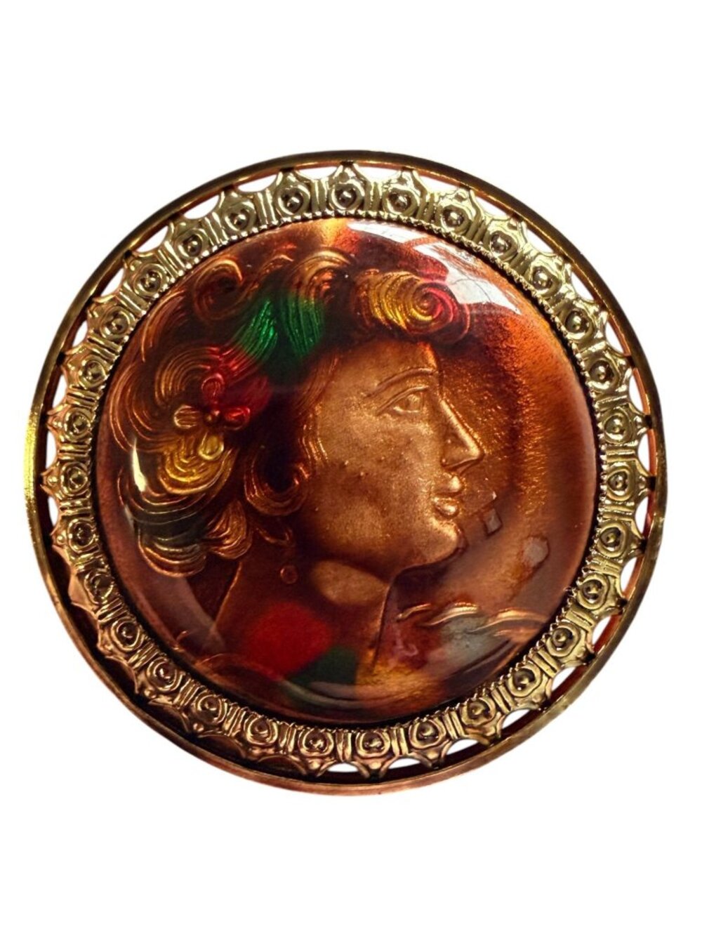 Vintage 1950s Reverse Carved Lucite Renaissance Lady Brooch New Old Stock
